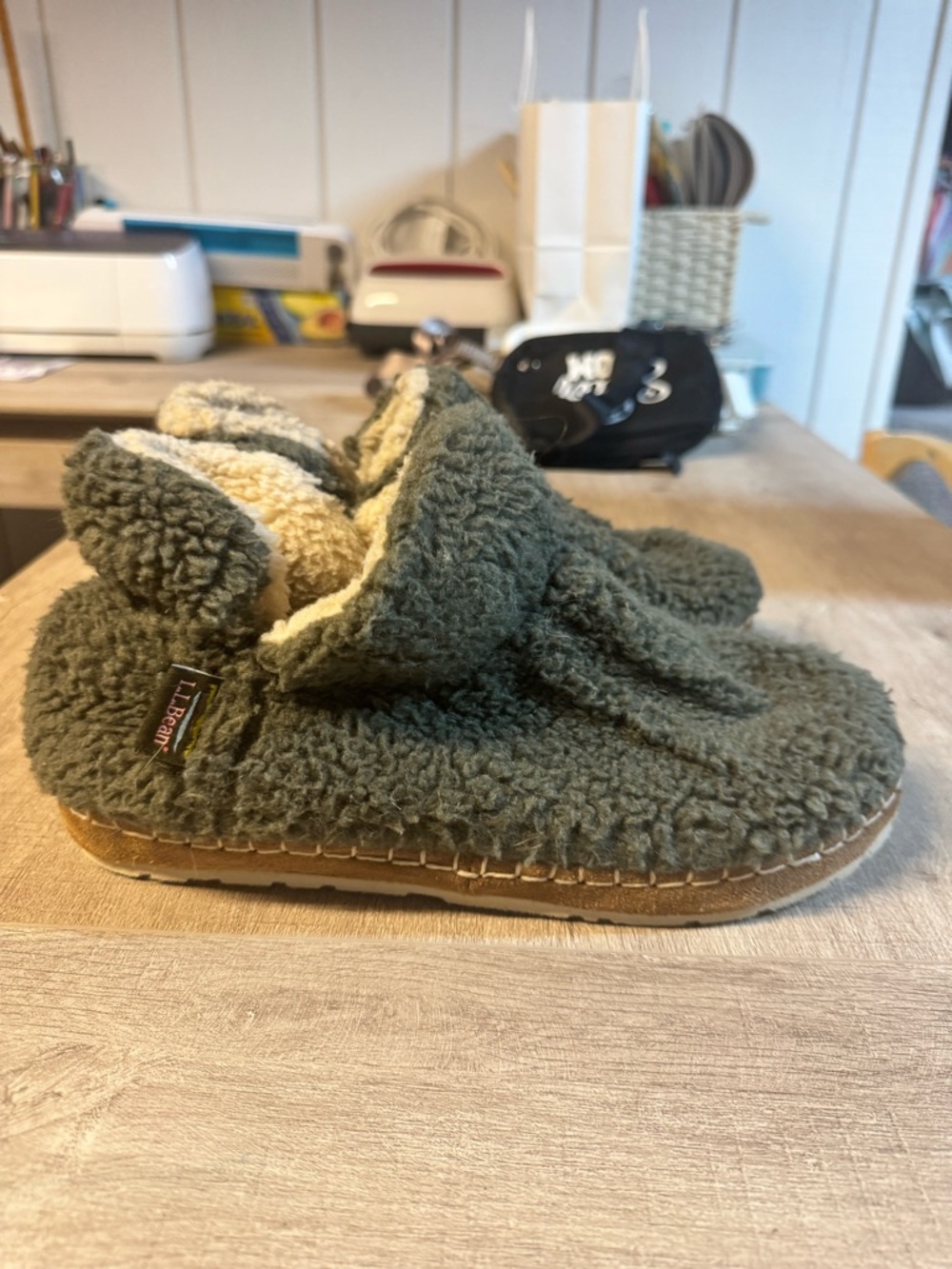 L.L. Bean Olive Green Sherpa Slip-On Slippers